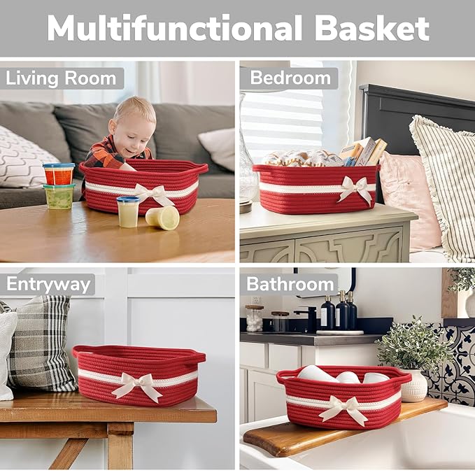 CHICVITA Small Storage Basket for Gifts, Gift Baskets Empty, Baby Basket for Toys, Towels, Decorative Woven Rope Baskets for Living Room, Red, 13"x 10"x 5"