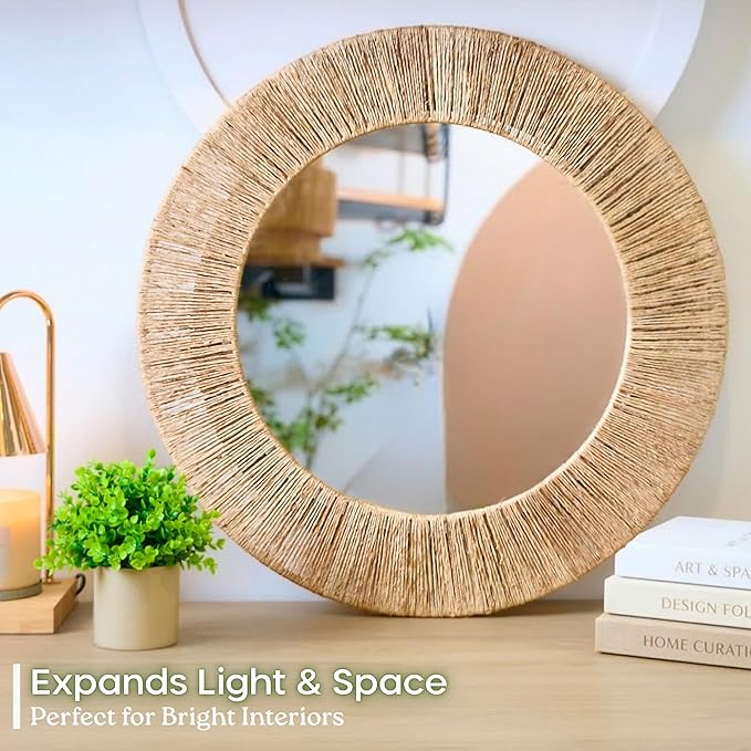 24 Inch Natural Jute Mirror, Wall Mounted Round Mirror with Metal Frame, Wall Decor Rustic Farmhouse Boho Decor Accent for Bathroom, Bedroom, Living Room, or Entryway