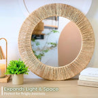 24 Inch Natural Jute Mirror, Wall Mounted Round Mirror with Metal Frame, Wall Decor Rustic Farmhouse Boho Decor Accent for Bathroom, Bedroom, Living Room, or Entryway