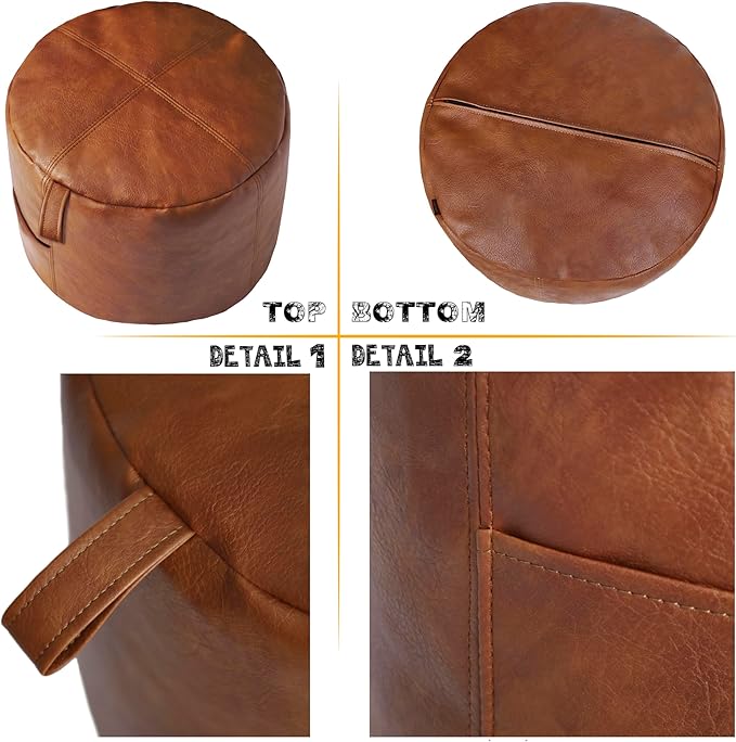 Thgonwid Unstuffed Faux Leather Pouf Cover Handle, Footstool Ottoman Storage Solution, Floor Footrest Cushion, 16.5”Dx12”H, No Filler, (Pocket-Handle) Amaretto