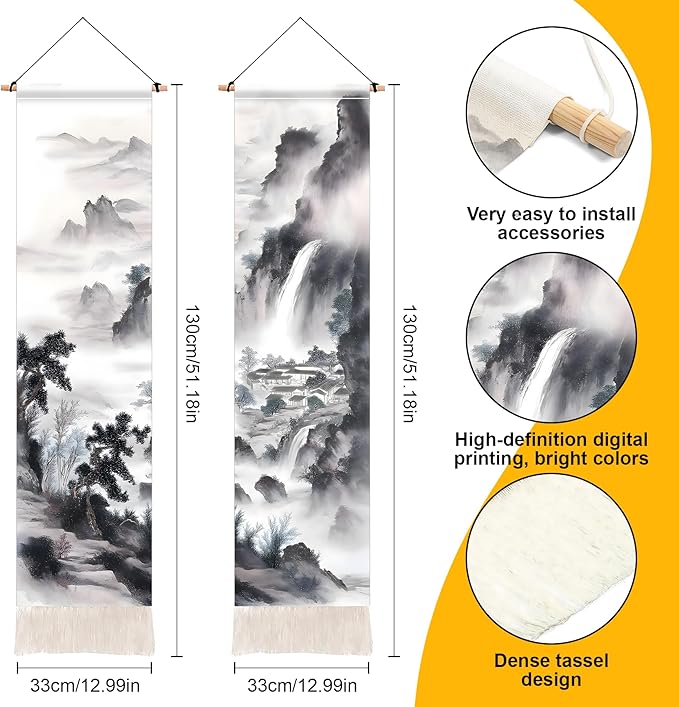 AOHMPT Pack of 2 Long Vertical Tapestry,Nature Landscape Tapestry with Serene Mountain River, Moon & Sun Motifs,Traditional Ink Painting Wall Art,Zen Aesthetic Wall Hanging for Living Room Bedroom Decor 13" W x 51" H"