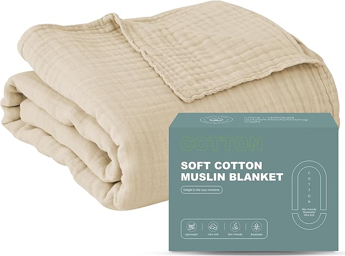 Cosy Family 4 Layer Muslin Bed Blanket - Breathable and Lightweight Gauze Boho Blanket for Spring, Soft 100% Cotton Muslin Blanket, Light Tan, 55x80 Inches