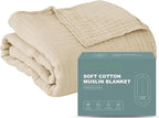Cosy Family 6 Layer Muslin Bed Blanket - Breathable and Lightweight Gauze Boho Blanket for Spring, Soft 100% Cotton Muslin, Light Tan, 55x80 Inches