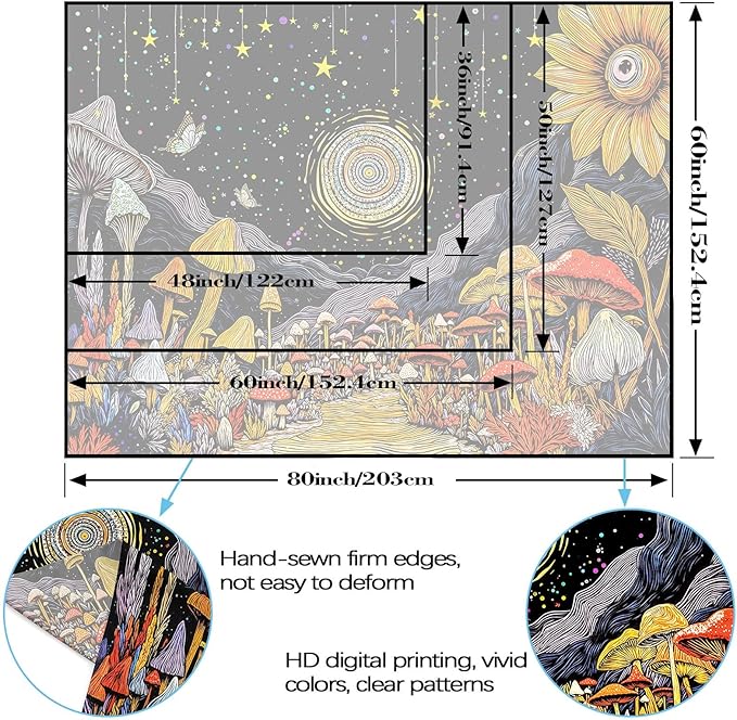 Yeoiat Tapestry Mystical Mushroom Path Tapestries Celestial Forest Tapestries Vibrant Sunflower Wall Tapestry Bedroom Dormitory Living Room Decoration 90"x70"