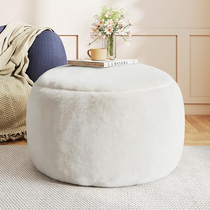 Round Pouf Ottoman Foot Rest, 29 X 18Inch Floor Poufs Footstool, A Round Modern Foam Filled Foot Stool for Living Room, Home, Nursery, Dorm (White, 29Inch)