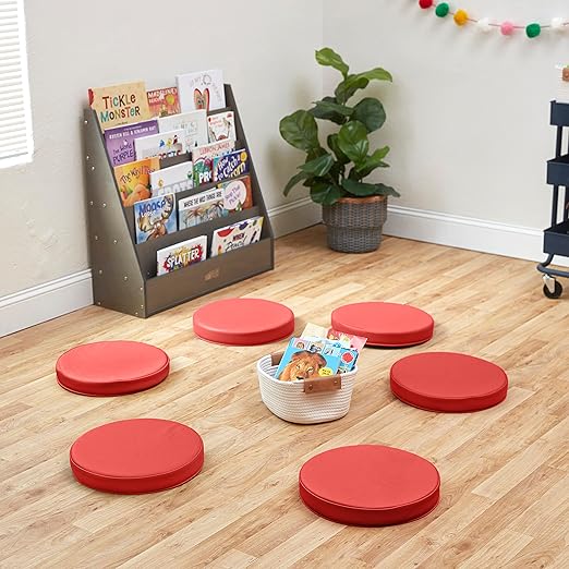ECR4Kids SoftZone Floor Cushions, Round, Flexible Seating, Red, 6-Piece