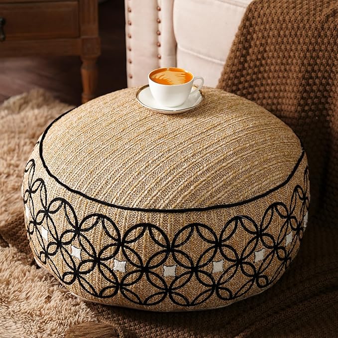 SUTAVIA Pouf Cover Ottoman Unstuffed Pouf Seat Footrest Decorative Storage Bean Bag Floor Chair for Home Decor Living Room Bedroom (Linen Decor, Round, 20" D x 20" W x 8" H)