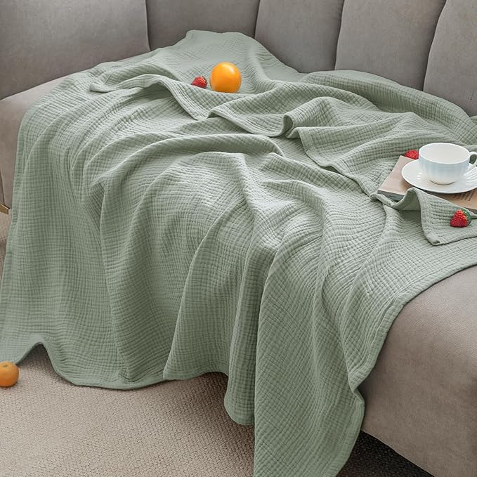 PHF 100% Cotton Muslin Blanket Queen Size 90"x90", 4-Layer Lightweight Gauze Throw, Breathable Cloud-Soft Minimalist Blanket for Bed, Couch, Camping & Baby, Sage Green, Ideal Gift