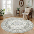 Round 6Ft Washable Area Rug,Vintage Floral Low Pile Non Slip Carpet Non-Shedding Rug Soft Stain Resistant Mat for Living Room Bedroom Beige and Sage Green
