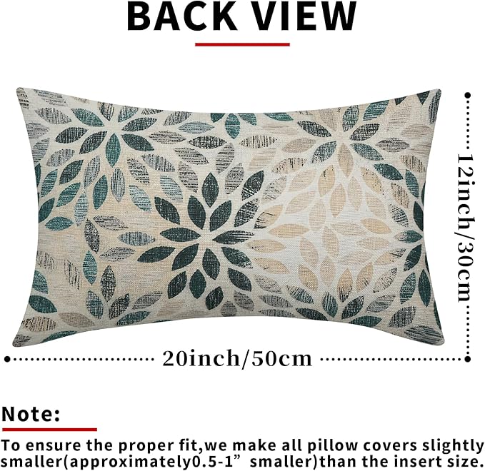 Kawani Teal Dahlia Lumbar Pillow Covers 12X20 Inch Turquoise Geometric Flower Decorative Pillow Cases Set of 2 Beige Tan Gray Floral Throw Pillows for Cushion Sofa Couch Farmhouse Outdoor
