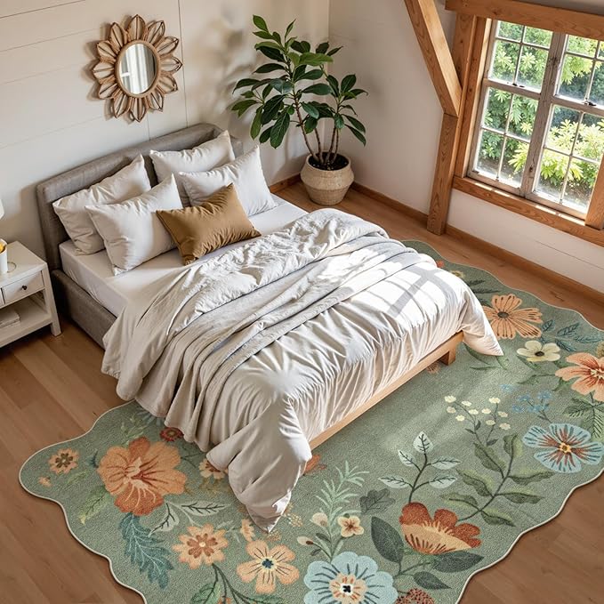 Lahome Floral 9x12 Area Rugs for Living Room Bedroom, Soft Washable Rugs 9x12 Stain Resistant, Ultra-Thin Non-Slip Boho Dining Room Rug Accent Carpet for Office Flore (9x12ft,Green)