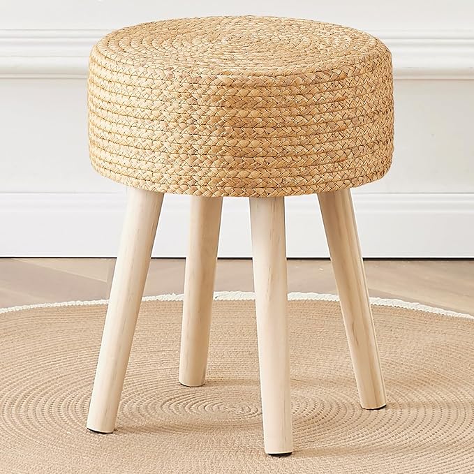 Cpintltr Round Ottoman Footstool Foot Stool Pouf Ottomans with Solid Wood Legs Hand Weave Hyacinth Footrest Step Stool for Living Room Balcony Garden Natural Hyacinth Seagrass