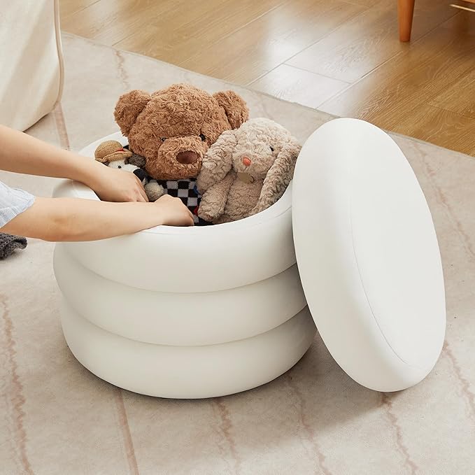 Velvet Storage Ottoman Set of 2, Compact Round Tufted Pair with Removable Lids for Lounge, Dorm and Entryway, Velvet White