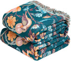 Boho Throw Blanket - 100% Cotton Ultra Soft Muslin Blanket, 60"x80" Lightweight Floral Bird Framhouse Bedding Spring Blanket for Bed, All Season Green Bohemian Bedroom Home Decor Quilt
