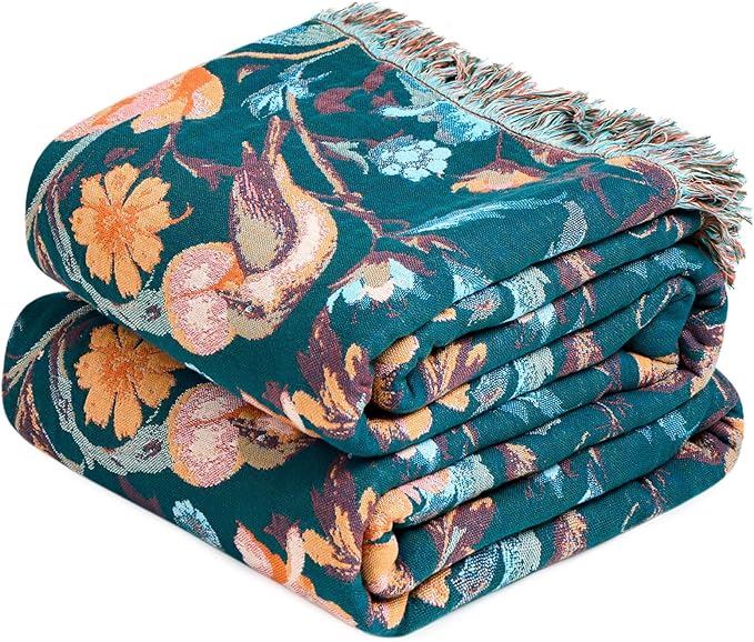 Boho Throw Blanket - 100% Cotton Ultra Soft Muslin Blanket, 60"x80" Lightweight Floral Bird Framhouse Bedding Spring Blanket for Bed, All Season Green Bohemian Bedroom Home Decor Quilt