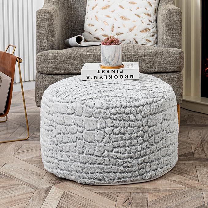 Asuprui Pouf Ottoman Unstuffed Floor Poof Seat Pouf Ottoman Foot Rest Soft Foot Stool 20x20x12 Inches Fuzzy Chair Floor Chair Foot Rest with Storage for Living Room Bedroom Snow Gray