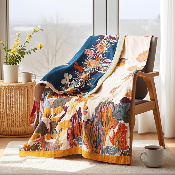 Boho Throw Blanket, 100% Organic Cotton Ultra Soft 50" x 60" Throw for Couch and Bed - Skin-Friendly Embroidery Cozy All Season Rustic Floral Decor Chair Blanket -Beige