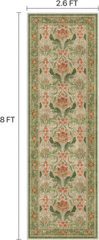Bavni 2'6''x8 Runner Rug,Microfiber Washable Non-Slip Vintage Floral Rugs,Low Pile Lightweight Carpet for Bedroom,Hallway,Entryway,Kitchen,Bathroom, Sage Green & Burnt Orange