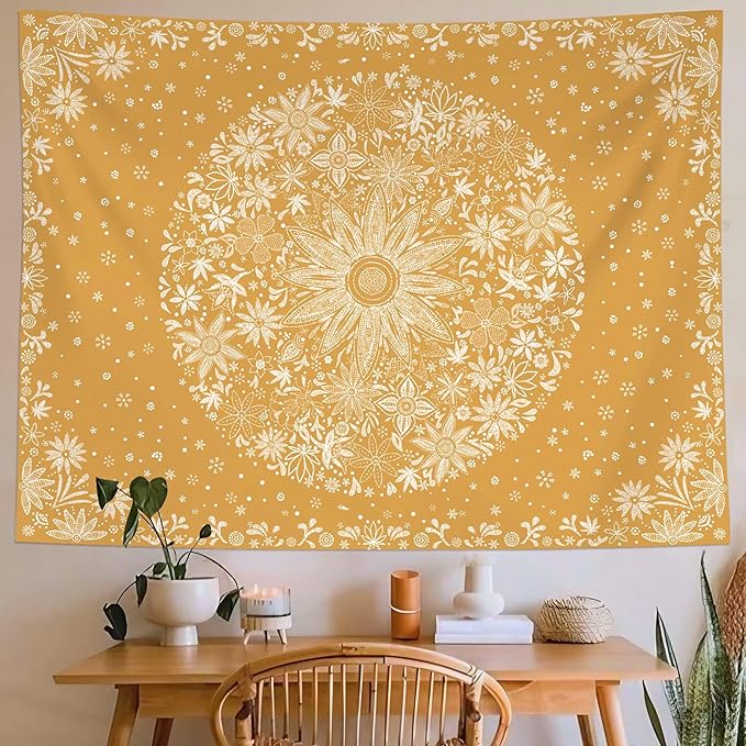 Neasow Bohemian Tapestry Wall Hanging, Orange Floral Tapestry with Dotted Daisy Medallion Print Bedroom Boho Hippie Home Decor, 36x48 inches