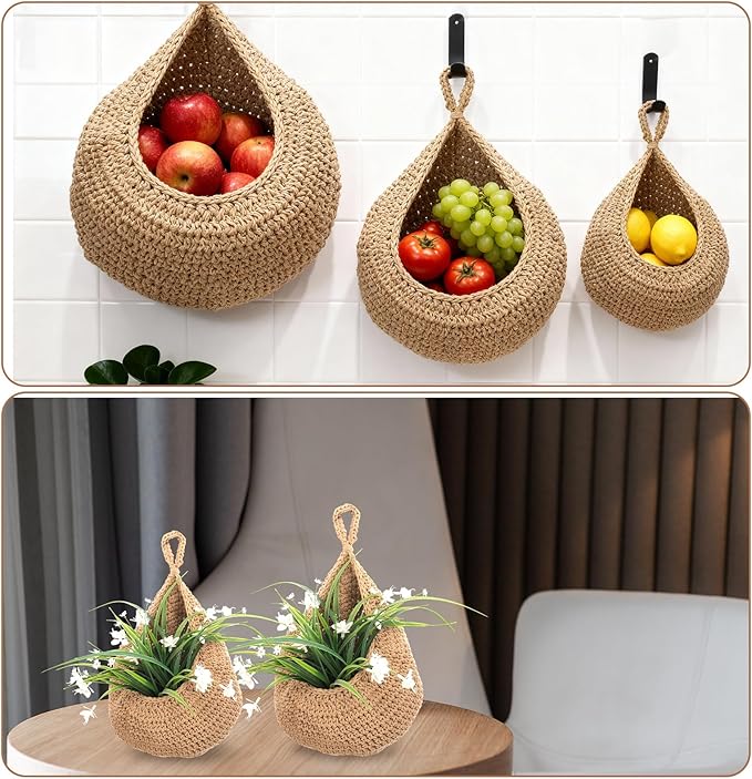 3 Pack Boho Wall Hanging Fruit Baskets, Woven Cotton Rope Hanging Storage Basket with 3 Hooks for Kitchen Vegetable Onion Potato Organizer, 3 Size