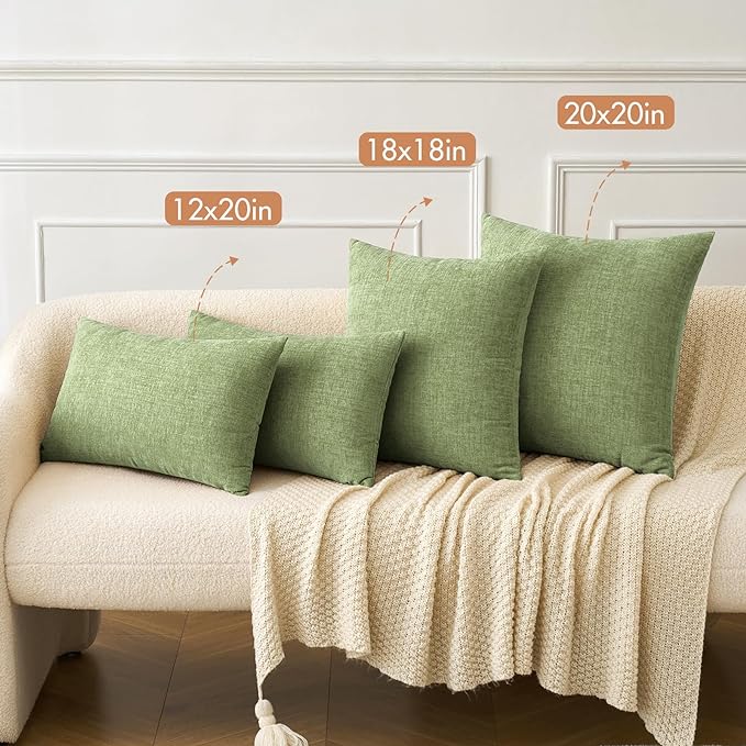 MIULEE Pack of 2 Couch Throw Pillow Covers 24x24 Inch Spring Soft Sage Green Chenille Pillow Covers for Sofa Living Room Solid Dyed Pillow Cases