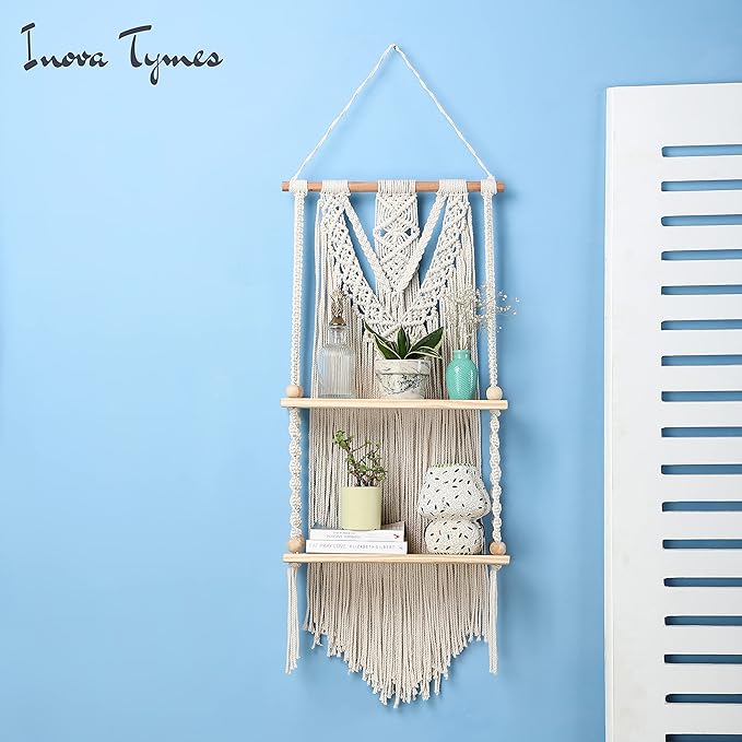 Macrame Wall Hanging Shelf - Boho Shelves Bedroom Decor | Macrame Wall Decor for Kitchen, Plant Hanger Shelves, Woven Rope Floating Shelves & Home Storage Organizer - 2 Tier