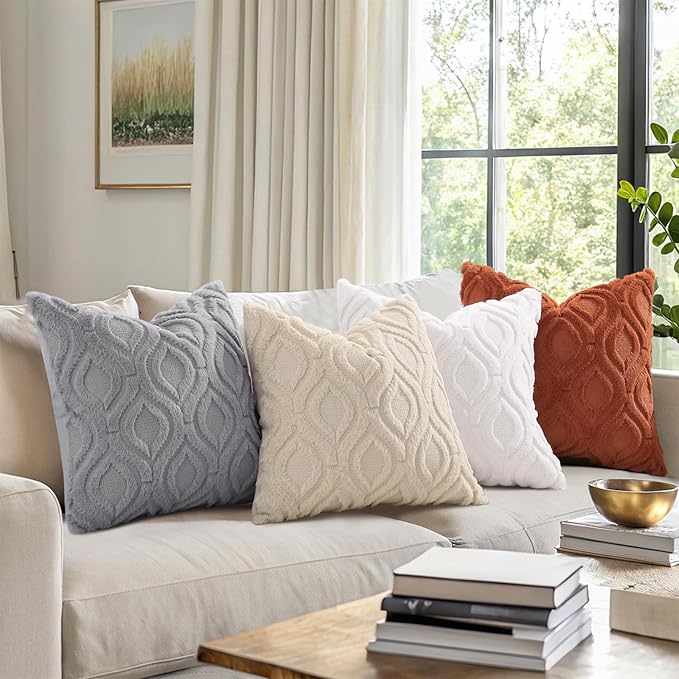 decorUhome Cozy Textured Throw Pillow Covers 16x16 Inch Set of 2, Soft Plush Faux Wool Cream White Accent Couch Pillow Covers for Modern Farmhouse Sofa Bed Living Room
