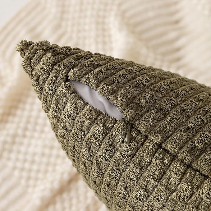Kevin Textile 12x24 Inch Pillow Cover 1 Pack Boho Decorative Soft Striped Corduroy Lumbar Farmhouse Color Accent Rectangle Cushion Case for Living Room Couch Sofa Bed, Olive Green