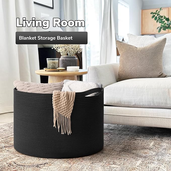 Goodpick Large Storage Basket, 23.5'' x 15.8'' Woven Storage Baskets, Cotton Rope Toy Storage for Kids Decorative Laundry for Home, Perfect for Living Room, 115L Black