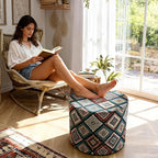 Pouf Ottoman Footrest Boho Embroidered Stuffed Round Pouf, 20" Tribal Geometric Accent Decor, Removable Cover & Firm Foam, Multifunctional, for Living Room Bedroom Vanity, Teal & Rust