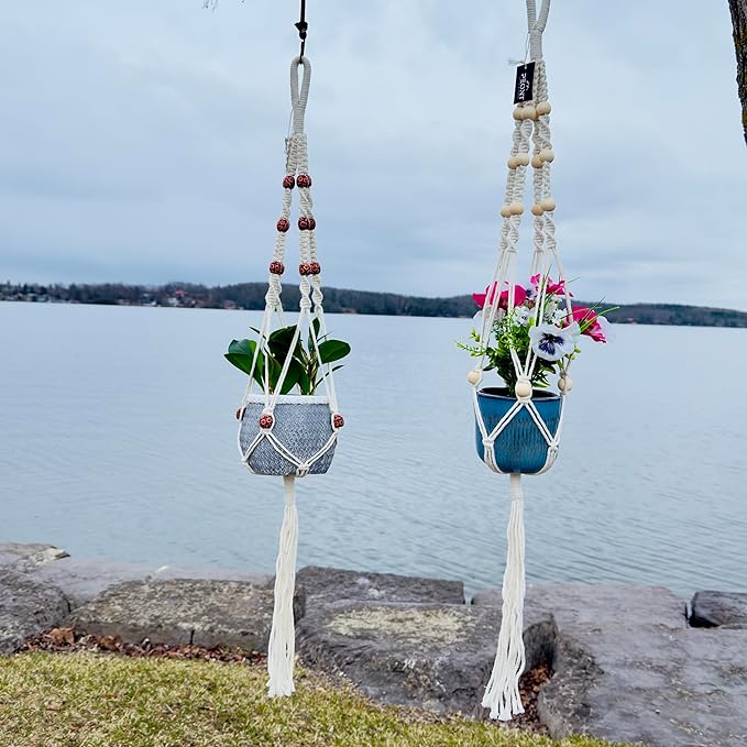 Macrame Plant Hangers Set of 2 – Handmade 39-Inch Indoor/Outdoor Hanging Planters with Wooden Beads, Boho Home Decor for Pots up to 9 Inches (Pots Not Included)