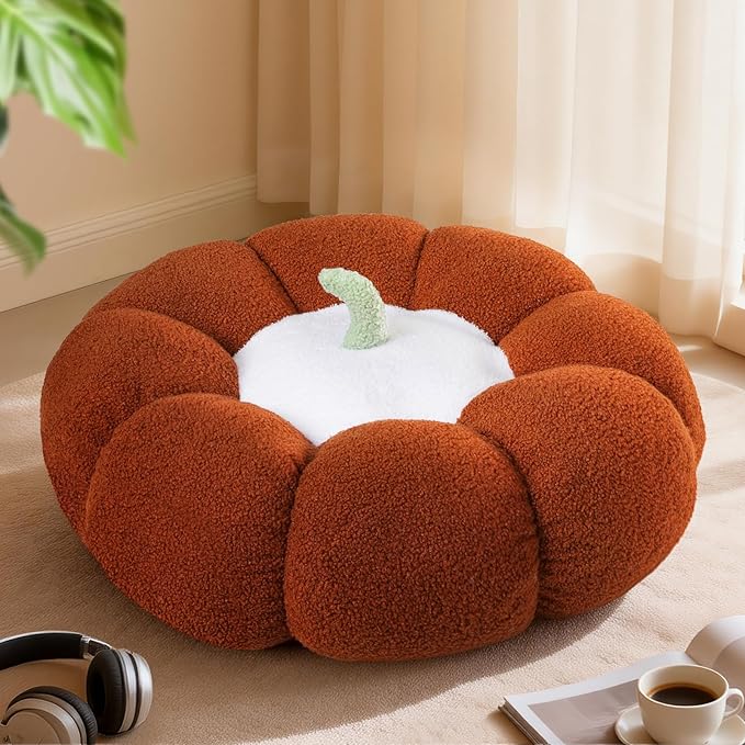 24 Inch Pumpkin Floor Cushion – Large Plush Round Pillow Seat for Living Room, Meditation, Reading & Relaxation – Versatile Seating, Back Support & Pet Bed - Cozy Aesthetic Home Deco