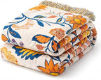 100% Cotton Boho Throw Blanket for Home Decor – Classic Farmhouse Quilt Bedding, Muslin Blankets for Adults, Vintage Woven Decorative Blanket for Couch, Bed Layering Use, Botanic Floral, 90"x90"