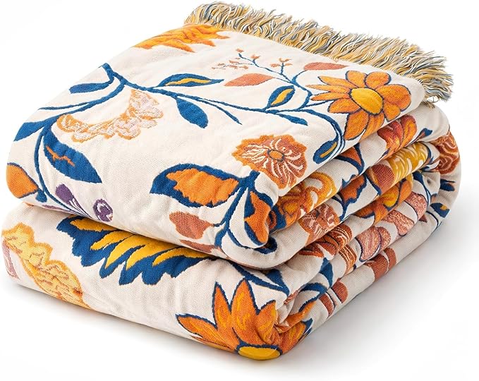 100% Cotton Boho Throw Blanket for Home Decor – Classic Farmhouse Quilt Bedding, Muslin Blankets for Adults, Vintage Woven Decorative Blanket for Couch, Bed Layering Use, Botanic Floral, 60"x80"