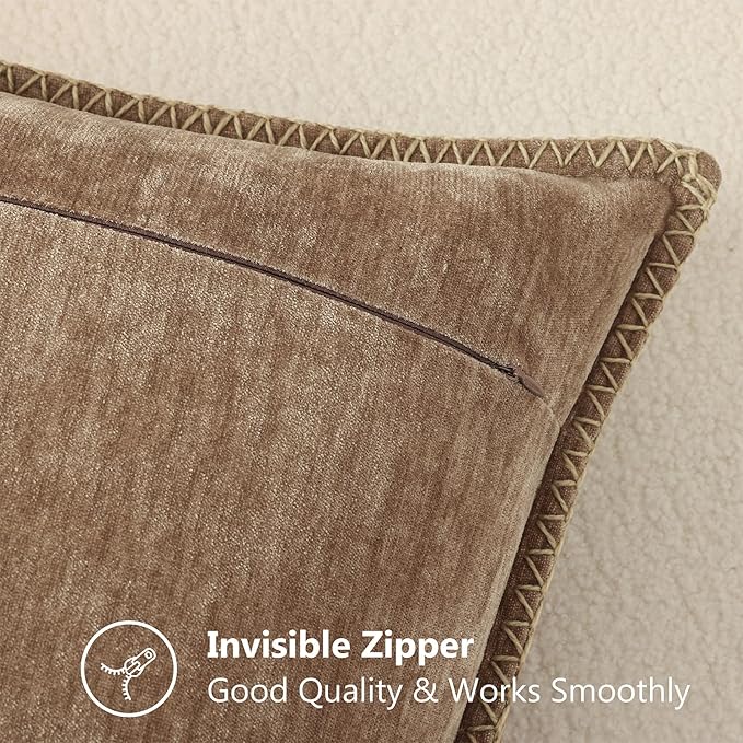 decorUhome Chenille Soft Cozy Throw Pillow Covers 22x22 Set of 2, Modern Farmhouse Boho Velvet Decorative Euro Sham Pillow Cases with Stitched Edge for Couch Sofa Bed Home Decor, Brown