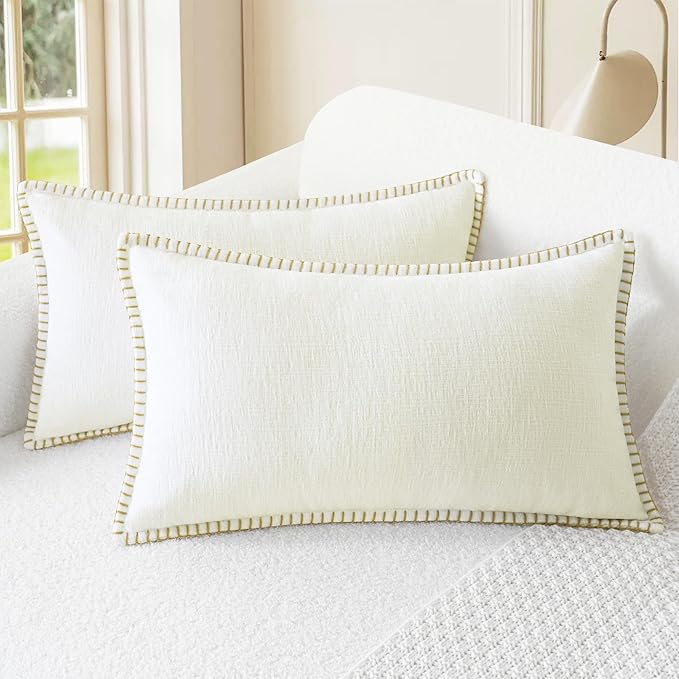 CaliTime Throw Pillow Covers Decorative 12 X 20 Inches Pack of 2 Cotton Thread Stitching Edges Solid Dyed Soft Chenille Cushion Cases for Couch Sofa Bed Living Room Farmhouse Cream