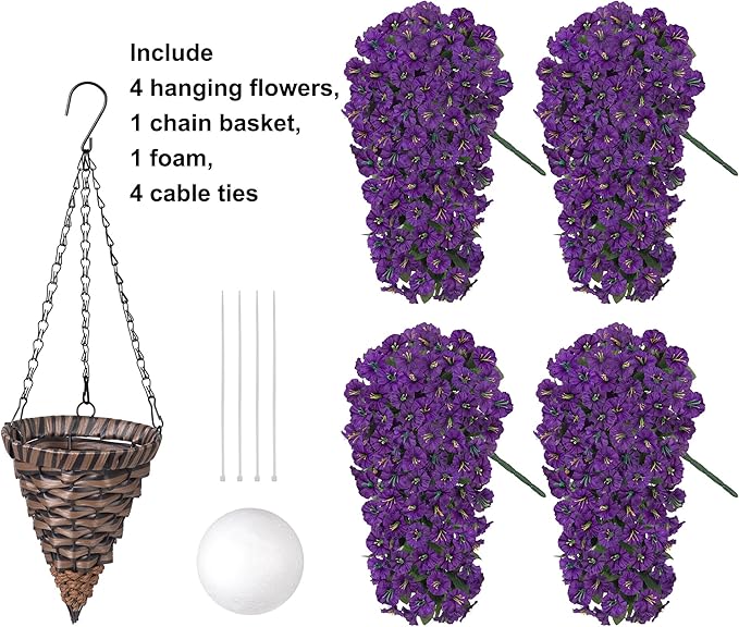 HyeFlora Artificial Faux Hanging Flowers Plants Basket for Outdoor Outside Porch Decoration, UV Resistant Fake Silk Purple Morning Glory Trailing Vines Realistic for Summer Home Balcony Yard Patio