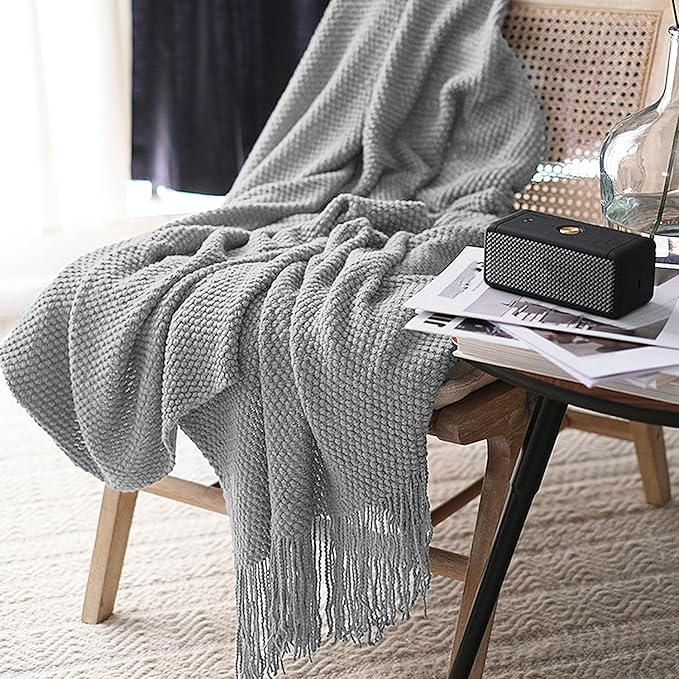 LOMAO Knitted Throw Blanket with Tassels Bubble Textured Lightweight Throws for Couch Cover Home Decor (Light Grey, 60x80)
