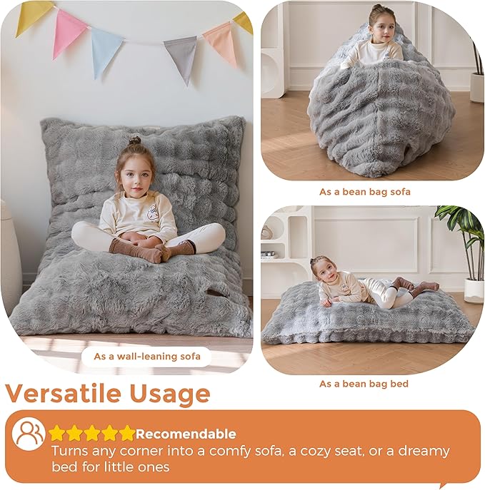 MAXYOYO 3 in 1 Kids Bean Bag Chair Bed, Child Floor Sofa for Gaming, Reading, Convertible Bean Bag Floor Cushion with Machine Washable Cover for Living Room Bedroom, Grey