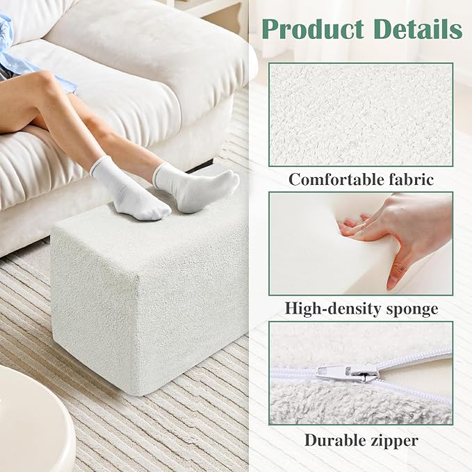 Rectangular Pouf Ottoman, Stuffed Floor Pouf with Foam Chunk Filling, Soft Coral Fleece Furry Foot Rest Stool, Multi-Use Ottoman for Living Room, White