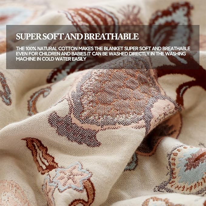 Boho Cotton Throw Blanket 80×90 Inch – Soft Breathable Muslin Throw for Couch, Sofa & Bed, Lightweight Farmhouse Decorative Blanket