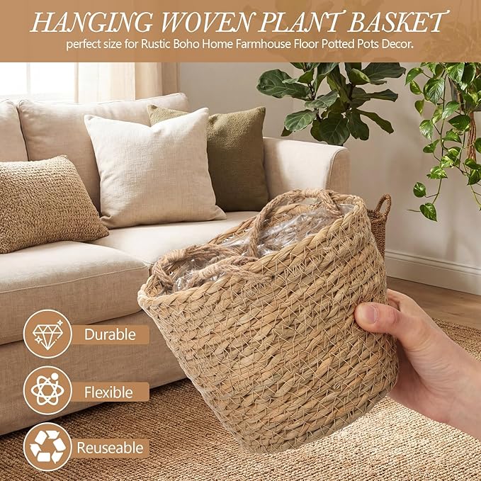 6 Pcs Seagrass Hanging Planter Basket Hand Woven Plant Basket with Plastic Liners Hanging Plant Holder Storage Containers with Cotton Rope for Indoor Outdoor Garden Home Decor (Brown)