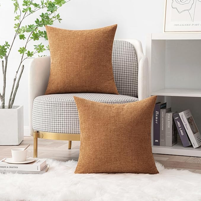 MIULEE Pack of 2 Brown Throw Pillow Covers 16x16 Inch Soft Chenille Pillow Covers for Sofa Living Room Couch Solid Dyed Cases