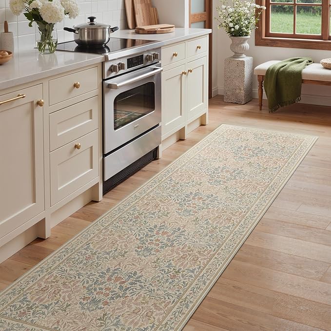 GENIMO Floral Reversible Runner Rug 2’6”x8’, Non-Slip Washable Low-Pile Lightweight Rug for Hallway, Kitchen, Laundry Room, Bedroom, Bathroom, Vintage Boho Indoor Decor, Beige/Navy