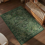 Green Medallion 4x5 Throw Rug for Large Kitchen, Distressed Vintage Small Area Rugs for Living Room Bedroom, Washable Non Slip Thin Carpet Rug for Home Office/Bathroom/Foyer