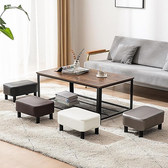 IBUYKE 16.54" Small Footstool, PU Faux Leather Step Stool, with Padded Seat Pine Wood Legs and Padded Rectangular Stool,for Bedroom, White RF-BD212-W