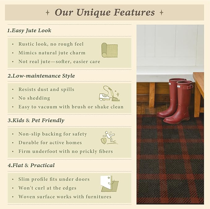 2x4 Retro Buffalo Plaid Indoor Entryway Runner - Front Door Mat Indoor Entrance, Non Slip Washable Rug for Kitchen, Living Room and Fireplace, Washable Easy Jute Red and Black Fall & Holiday Decor
