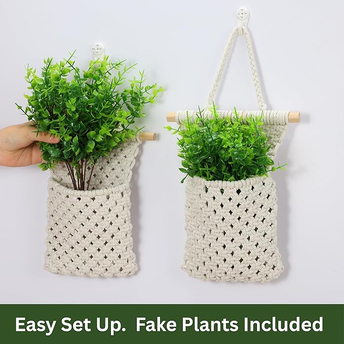 2 Packs Macrame Wall Planters with Artificial Eucalyptus | Macrame Plant Hanger, Wall Plant Holders for Boho, Bathroom, Bedroom & Wall Hanging Decor