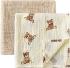 Little Jump 2-Pack Cotton Muslin Swaddle Blankets for Baby Boys Girls Unisex - Boho Teddy Bear Baby Blanket Nursery Swaddling Blankets- Large 47 x 47 inches Receiving Blanket Neutral (Teddy Bear)
