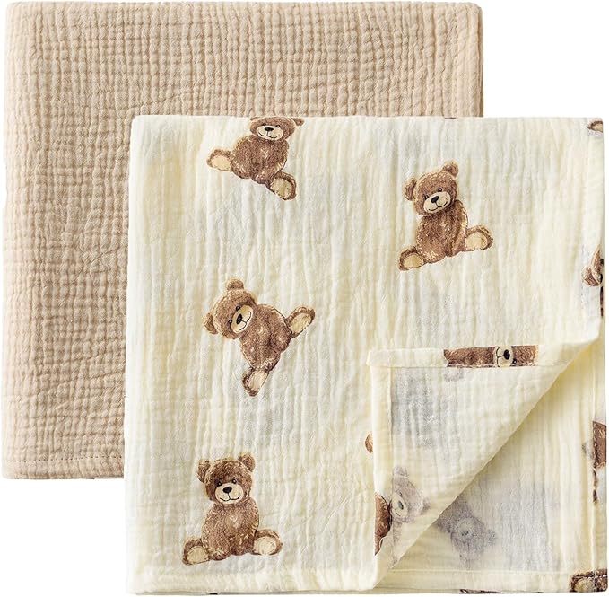 Little Jump 2-Pack Cotton Muslin Swaddle Blankets for Baby Boys Girls Unisex - Boho Teddy Bear Baby Blanket Nursery Swaddling Blankets- Large 47 x 47 inches Receiving Blanket Neutral (Teddy Bear)